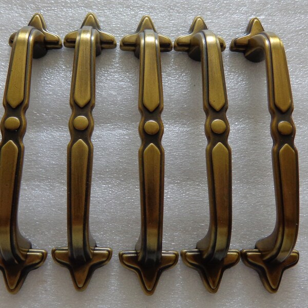 Antique Brass Pulls - Handles, Gold Ends, 3 in centers, 5 Cabinet, Dresser, Drawer Pull - Handle, Hardware