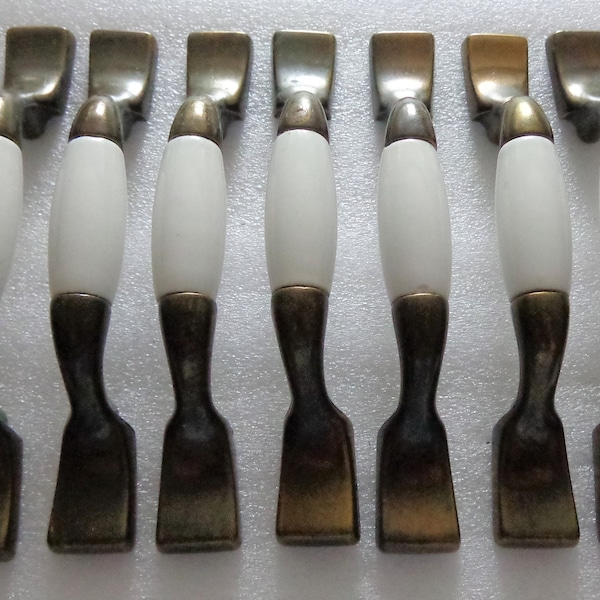 Antique Brass & White Handles - Pulls, 3 in Centers, 7 Amerock Cabinet, Dresser handle - Pull, USA, 63851