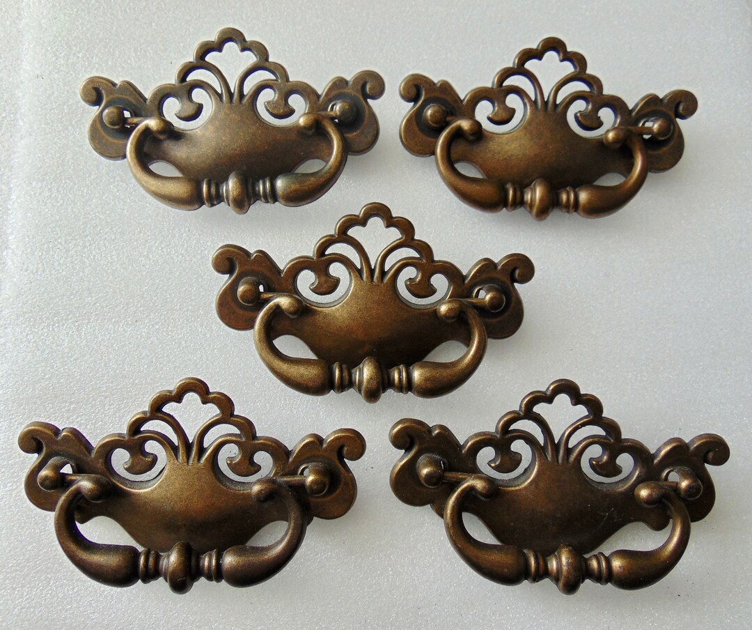 Antique Bronze brass Drop Pulls Handles, 3 in Centers, 5 Dresser, Desk, Drawer Pull