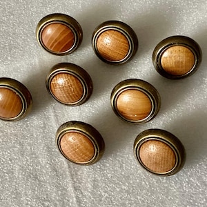 May include: Eight round wooden knobs with a brass finish. The knobs have a light brown wood grain pattern.