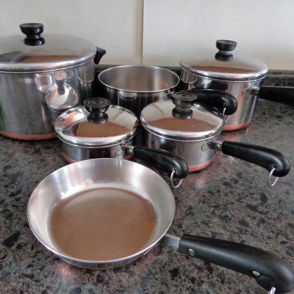 Vintage Revere Ware Copper Bottom Stainless Pans 6 Quart Dutch Oven, 7 inch Fry Pan, 3, 2, 1 and 3/4 quart Saucepans ONLY 4 Lids