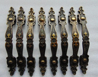 Vintage Antique Brass Pull - Handle 3 in center 8 Worn Cabinet Desk Drawer Handles - Pulls Hardware