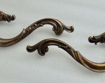 Vintage French Provincial Antique Brass - Silver Pull, 2 Worn finish, Dresser, Drawer, Desk Pulls - Handles, 3.5 in center, Hardware