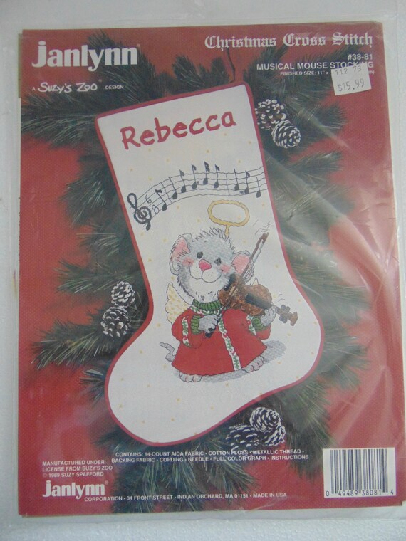 Vintage Janlynn Christmas Cross Stitch kit, NOS, 38 81, Christmas Musical Mouse Stocking Kit
