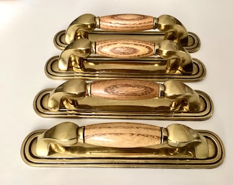 Drawer Pulls Backplates 3 inch CtC KBC Antique Brass & Wood Hardware Set of 4