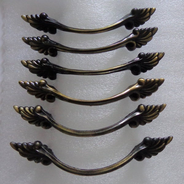 French Provincial Leaf Pulls, Flower end, 3 in Centers, 6 Antique Brass Cabinet, Dresser, Drawer Pulls - Handles hardware