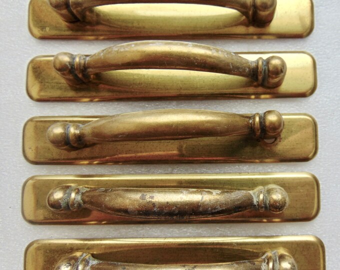 Vintage Small Antique Brass Pull Handle & Back Plate, 5 Worn