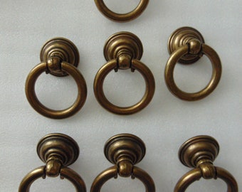 Round Desk Pulls, 7 Antique Brass Ring Handles, Vintage 756 Hardware