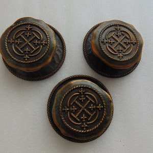Cabinet Door Knobs & Round Back Plates Antique Copper Vintage Hardware Set of 3