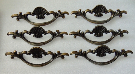French Provincial Faux Drop Pulls - Handles, 6 Antique Brass Dresser, Desk, Drawer Pull - Handle, 3.25 in Centers Hardware, Italy
