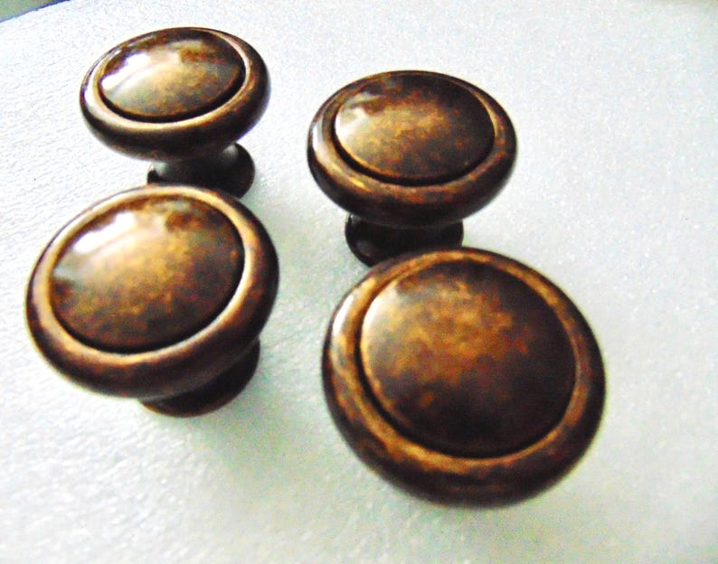 Unique 2 piece Knobs Antique Brass Hardware Set of 4 image 1