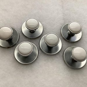 Silver & White Cabinet Knobs Round Back Plates Vintage Silver Hardware Set of 6