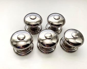 Metal Chrome Cabinet Knobs & Round Back Plates Vintage Silver Hardware Set of 5