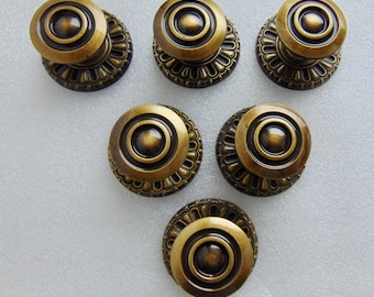 Cabinet Knobs & Backplates Antique Brass Vintage Amerock 591 USA Hardware Set of 6
