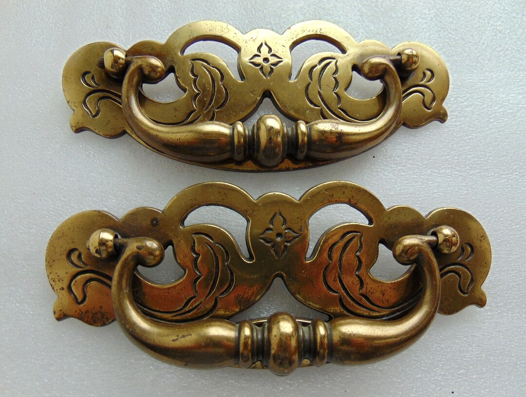 Antique Brass 2 Large Drop Pulls Dresser Door Etsy