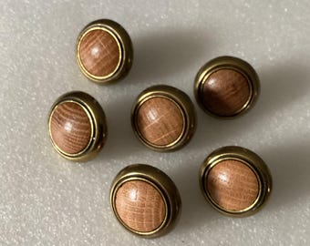 6 Antique Brass & Wood Cab Knobs, Vintage Taiwan Hardware