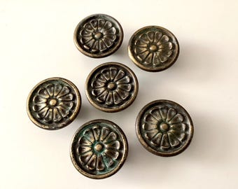 Antique Brass Flower Knobs Vintage KBC N 5668 Hardware Set of 6