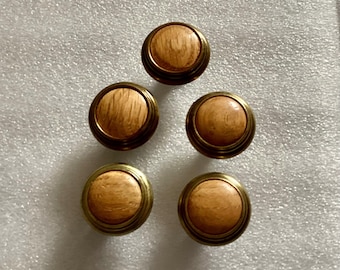 Round Cabinet Knobs Antique Brass & Wood Hardware set of 5
