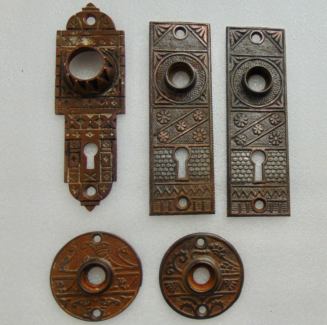 Antique Door Knob Escutcheon Plate Group 5 Round & Rectangle Back