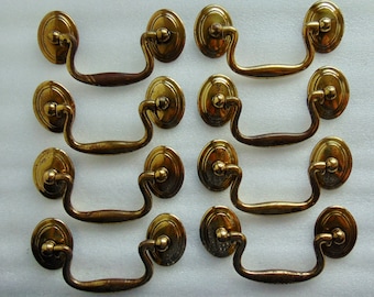 Vintage 8 Small Swan Neck Drop Handles, 3 in centers, Antique Brass Dresser Desk 3 pc Pulls, KBC Hardware