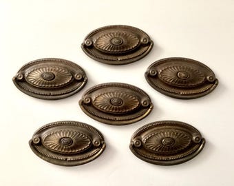 Oval Drawer Drop Pulls Single Screw Vintage Antique Brass Hardware Set of 6