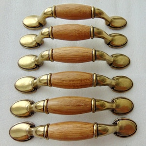 Cabinet Drawer Handles 3 inch CtC Antique Brass & Wood Vintage Hardware Set of 6