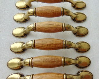 Cabinet Drawer Handles 3 inch CtC Antique Brass & Wood Vintage Hardware Set of 6