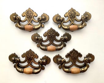 Drawer Bail Pulls 3.5 inch CtC Antique Brass & Wood Hardware Set of 5