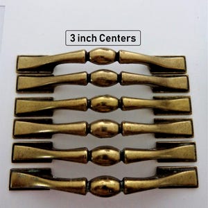 3 inch CTC Pulls, 6 Antique Brass Cabinet Handles, Vintage Amerock USA