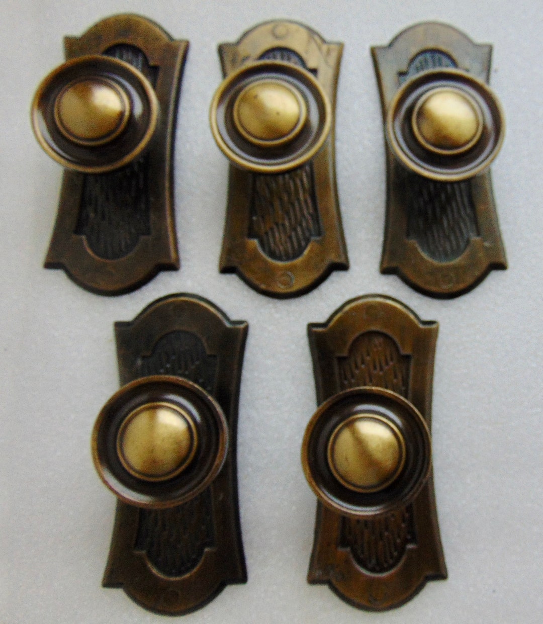 Antique Brass Knob & Back Plate, 5 Dresser, Drawer Knobs and