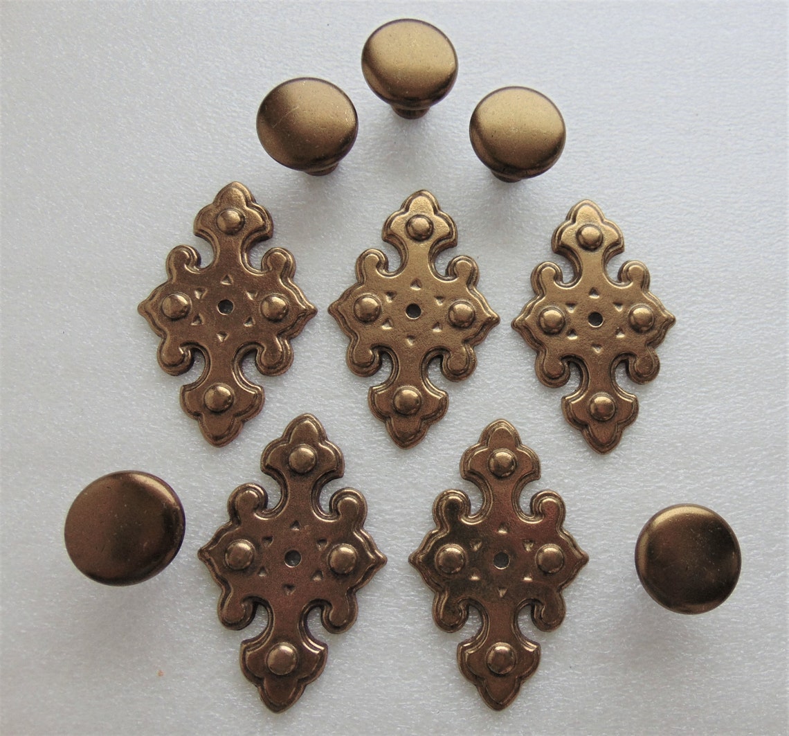 Antique Brass Plain Knobs & Back Plates 5 Sets Etsy