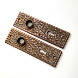 May include: Two antique bronze door plates with floral and leaf patterns. Each plate has a keyhole and a circular opening. The plates are rectangular and have a weathered appearance, suggesting age and use. The plates are likely for a vintage door.