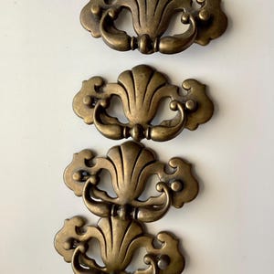 May include: Four antique brass drawer pulls with a shell-like design. Each pull features a curved handle and decorative flourishes, perfect for adding a vintage touch to furniture. The pulls are arranged vertically against a white background.