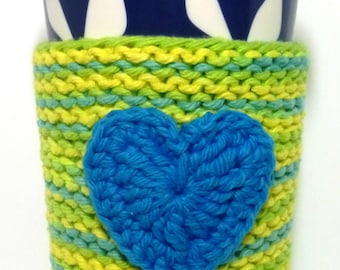 Blue Heart Coffee Cozy, Knit and Crochet