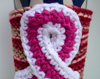 Pink Ribbon Coffee Cozy, Knit and Crochet