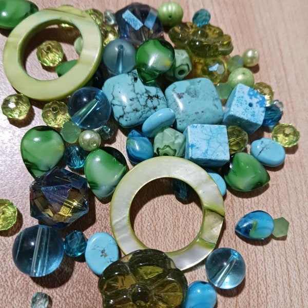 Vintage Bead Soup Mix Destash Lot -Green and Blue Gemstone and Glass Bead Mix