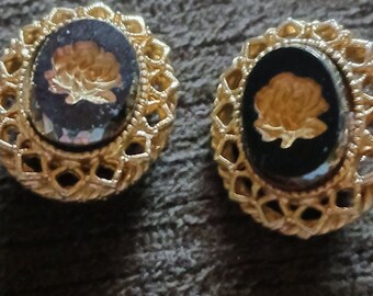 Vintage Black Stone with Carved Gold Rose Clip Earrings, Unsigned