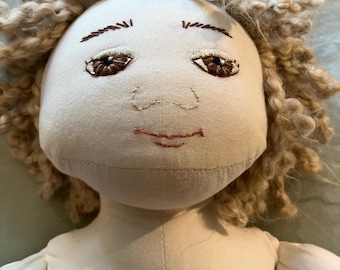 Handmade soft sculpture doll signed handmade unclad curly locks and embroidered face 21” tall