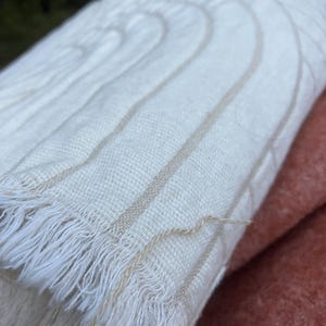 May include: Cream-colored woven throw blanket with beige stripes and fringe. The blanket is folded, revealing a glimpse of a coral-colored blanket underneath. The texture of the blanket appears soft and inviting, suitable for home decor.
