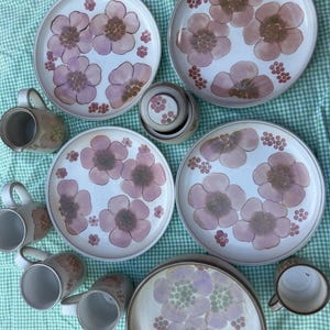 May include: A ceramic dinnerware set featuring two large plates, two smaller plates, a lidded container, and five mugs. Each piece is off-white with a hand-painted floral pattern in shades of mauve and brown, consisting of large petals and small clusters.