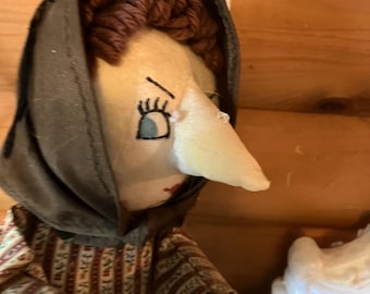 1970-tals kökshäxa mjuk skulptur saknad kvast handgjorda kläder broderade ögon och läppar större