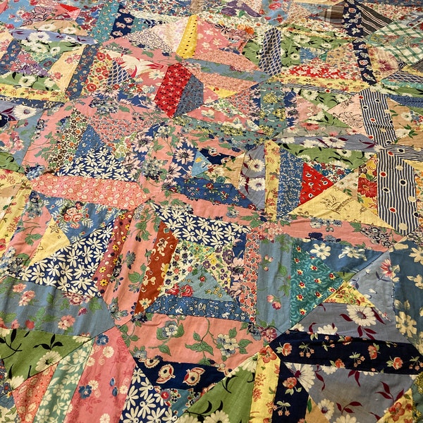 Mid century pieced quilt top all hand sewn patchwork queen/ king quilt top needs to be finished