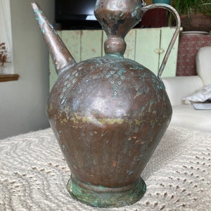 Copper Surahi water jug middle eastern Lebanese stamped copper vessel with hammered neck and Turkish / middle eastern designs