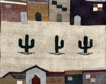 Wool vintage Pueblo Soutwestern handmade weaving  loomed tapestry cacti adobe desert on bamboo pole  fringed muted hues or bold purple clay