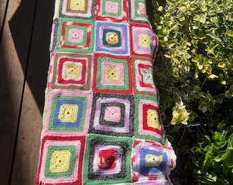 Crocheted table runner / dresser scarf 60 x 17” pretty scalloped trim  multi color granny squares 1980’s handmade unique maximalist colorful
