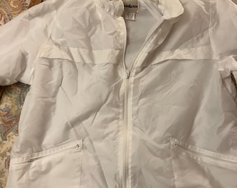 Chaqueta impermeable vintage de los años 80 con brillo agua, forro suave, tejido de paracaídas, capucha oculta y bolsillos con cremallera. Talla grande.