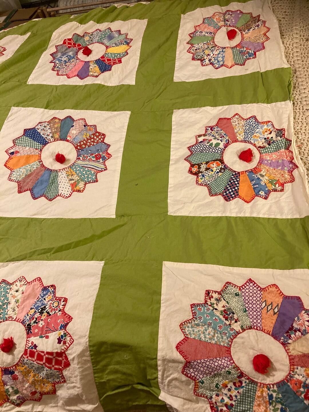 Unfinished Quilt Topper Circular With Pom Pom Pieced Block Quilt Etsy