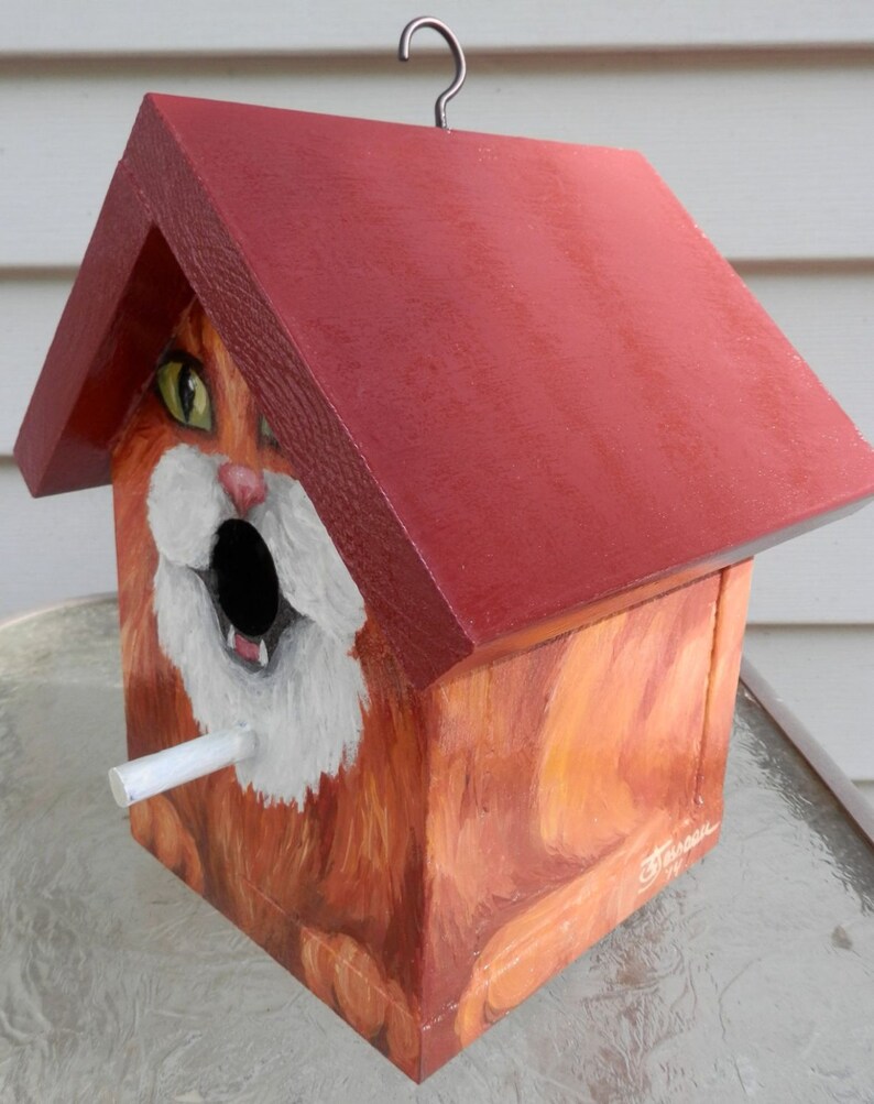 Bird House Hand Painted Custom Orange Tuxedo Cat Design Wood image 3