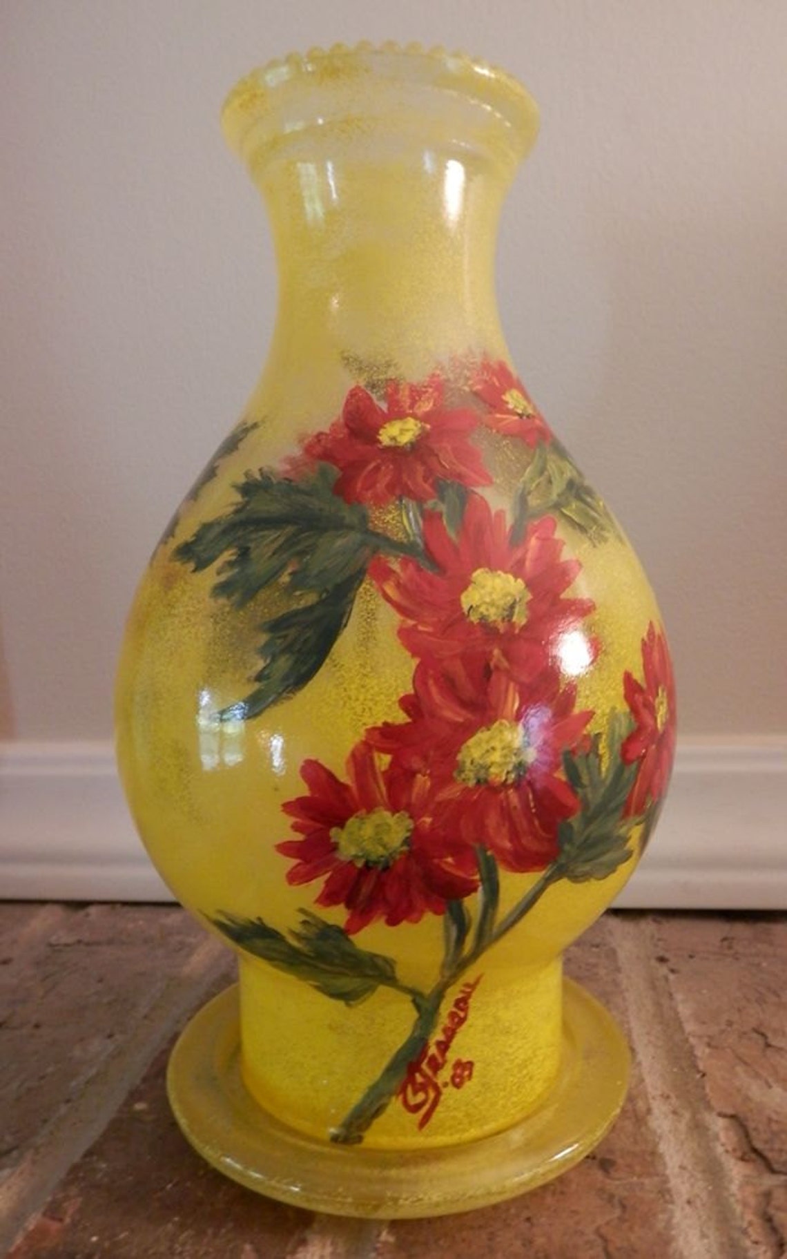 Handpainted Hurricane Glass Lamp Shade Yellow Red Daisies Etsy