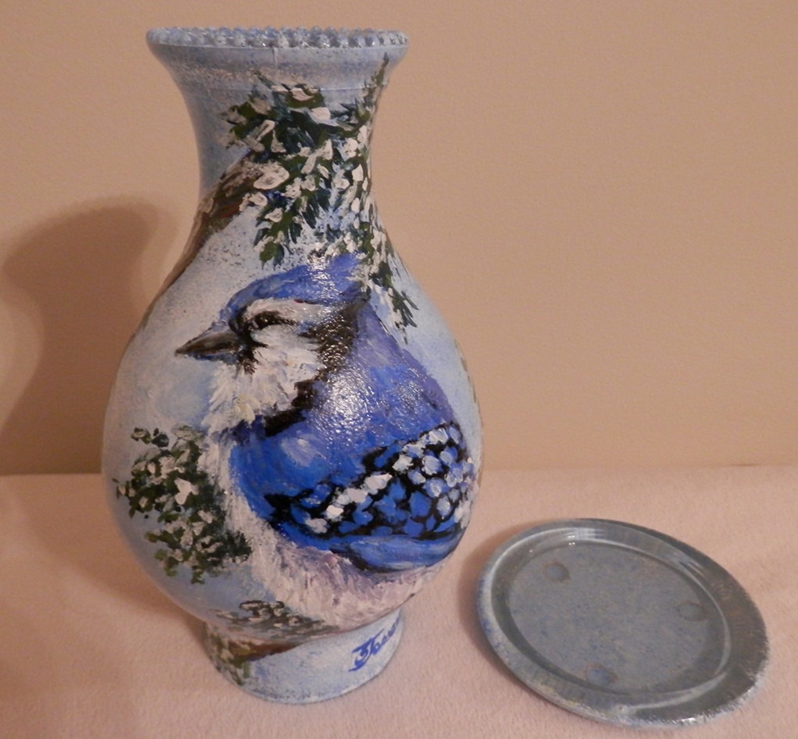 Hand Painted Glass Hurricane Lamp Shade Winter Blue Jay Etsy